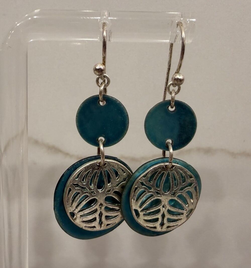 Turquoise Teal Dangle Earrings Silver Tone Floral Cutout Boho Drop Earrings